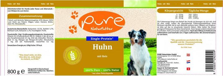 Valori nutrizionali e ingredienti Pure Naturfutter Menu per cani pollo e riso (Adulto, 1 pz., 800 g)