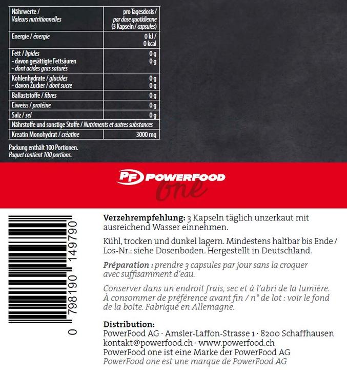 Nutritional values and ingredients PowerFood One High Grade Creatine (300 Piece, Capsules, 348.90 g)