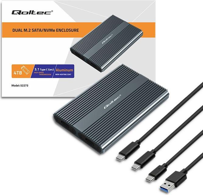 Actual product image Qoltec Obudowa | kieszeń na dysk M.2 SSD SATA | NVME | DUAL |USB-C (M.2)
