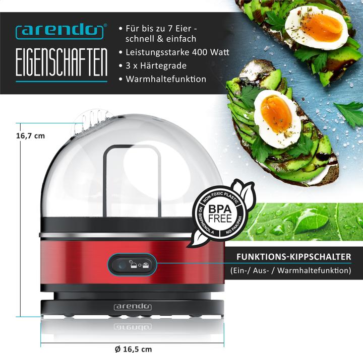 Actual product image Arendo Edelstahl Eierkocher 7-fach, 400 W, Edelstahl, Warmhaltefunktion, Härtegrad einstellbar, rot