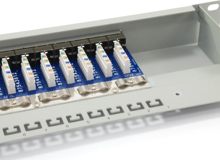 Actual product image equip 19" patch panel: 16 port, 1U, grey