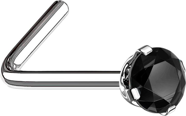 Image du produit Star Piercing Clous de nez coudés argentés cristal rond serti de noir (Acier chirurgical 316L)