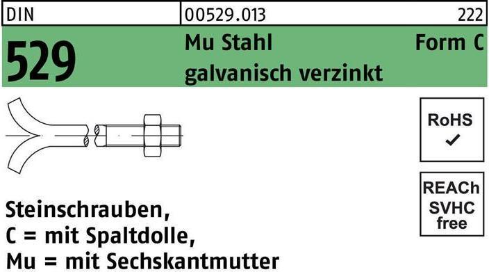 Produktbild Steinschraube DIN 529 m.Spaltdolle/6-kantmutter CM 20 x 250 Mu 3.6 galvanisch verzinkt