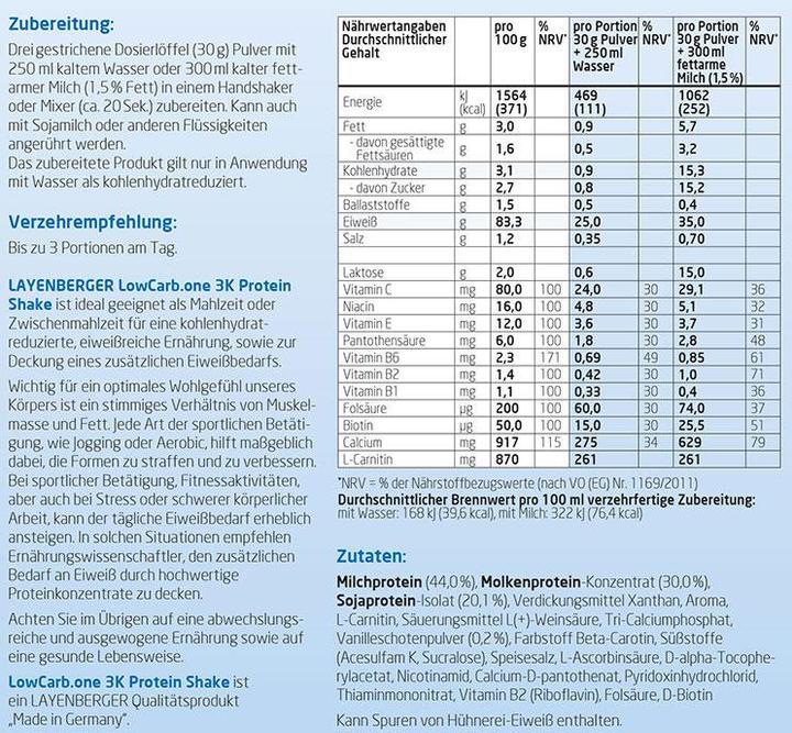 Valeurs nutritives et ingrédients Layenberger LowCarb.one 3K Protein Shake (Baies, 1 pcs, 360 g)