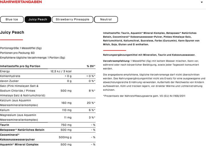 Nährwerte und Zutaten Vast Hydro (Juicy Peach, 1 Stk., 300 g)