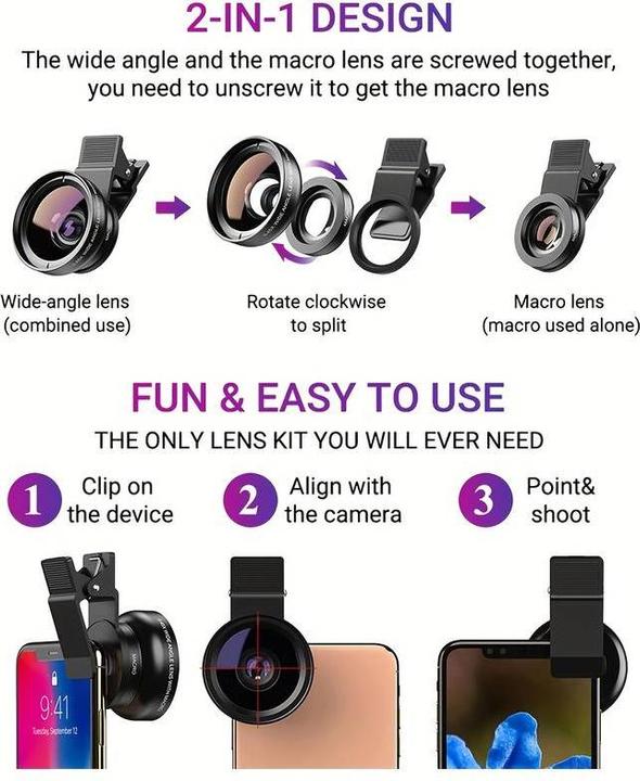 Actual product image PhoneLook APEXEL Smartphone Camera Lens Attachment 2 in 1 Ultra Wide Angle 0.45x Lens & Super Macro Lens