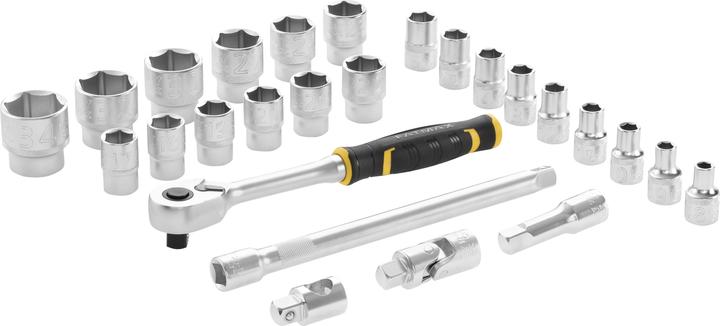 Produktbild Stanley Steckschlüsselsatz, 26-teilig, 1/2 Zoll, Typ Ratschen- und Steckschlüsselsatz von SAM, 1/2Z (25 mm, 31 mm, 18 mm, 28 mm, 17 mm, 8 mm, 16 mm, 34 mm, 23 mm, 33 mm, 11 mm, 20 mm, 29 mm, 19 mm, 32 mm, 10  mm, 15 mm, 22 mm, 21 mm, 30 mm, 14 mm, 27 mm, 12 mm, 9 mm, 26 mm, 24 mm, 13 mm)