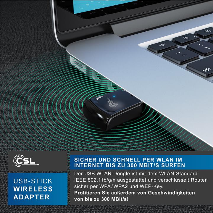 Actual product image CSL WLAN dongle, 300 Mbit/s USB stick WiFi adapter 2.4 Ghz 2T2R, gain 18 dBm, WEP WPA WPA2 (USB 2.0)