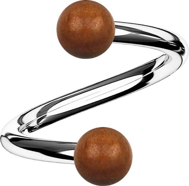Image du produit Star Piercing Spirale argentée avec deux boules en bois Sawo (Acier chirurgical 316L, sans laiton, Organique)
