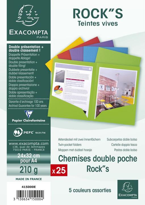 Image du produit Exacompta Paquet de 25 chemises Double Poche ROCK"S 210 - double A4 ou A3 - 24x32cm - Couleurs assorties (A4, 1 x)