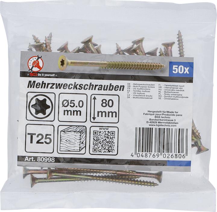 Produktbild BGS Mehrzweckschrauben | T-Profil (für Torx) T25 | 5,0 x 80 mm | 50 Stück (50 Schrauben pro Stück)
