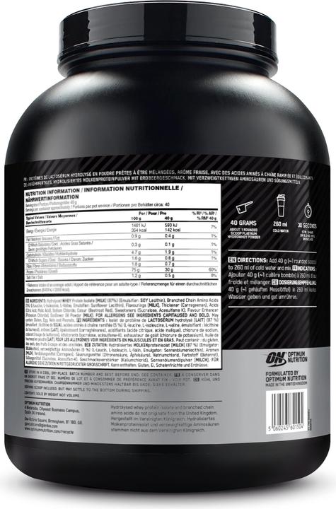 Valeurs nutritives et ingrédients Optimum Nutrition HydroWhey (Super fraise, 1 pcs, 1600 g)