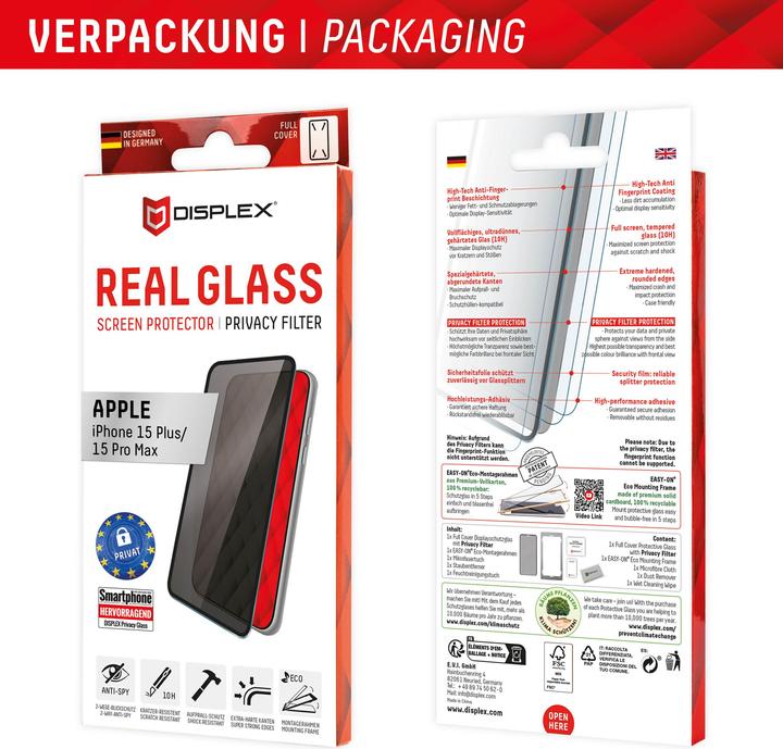 Actual product image Displex Real Glass, Privacy Full Cover Panzerglas (1 Piece, Apple iPhone 15 Plus, Apple iPhone 15 Pro Max)