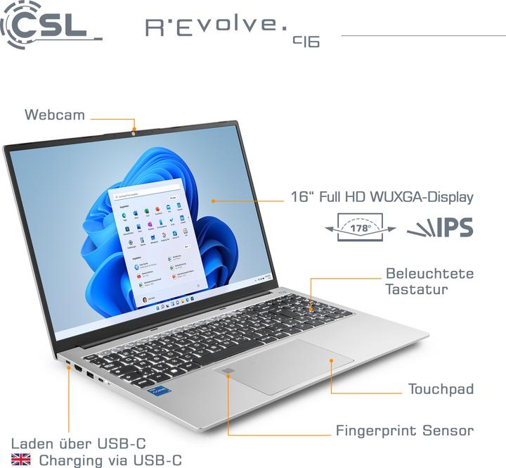 Produktbild CSL Notebook R'Evolve C16 (16", Intel Core i5-1235U, 32 GB, 2000 GB, DE)
