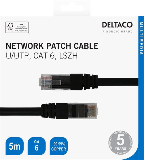 Image du produit Deltaco Câble de brassage U/UTP Cat6 LSZH 5m svart (U/UTP, UTP, CAT6, 5 m)