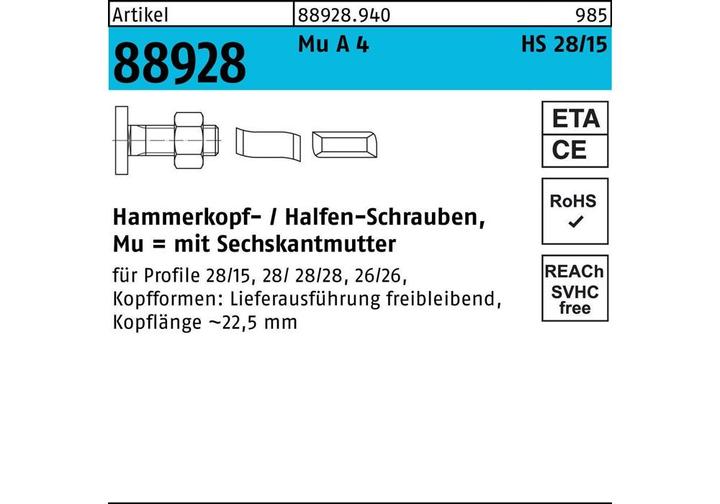 Produktbild Halfen Hammerkopfschraube R 88928 Typ 28/15 6-kantmutter M 10 x 40 Mu A 4 (50 Schrauben pro Stück)