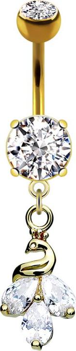 Produktbild Star Piercing Banane 14k vergoldet mit zwei Kugeln Kristall silber Anhänger Pfau (Chirurgenstahl 316L, Messing)