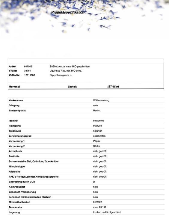 Valeurs nutritives et ingrédients Zimmerli Adaptogene Thé à la réglisse (BIO) (100 g)