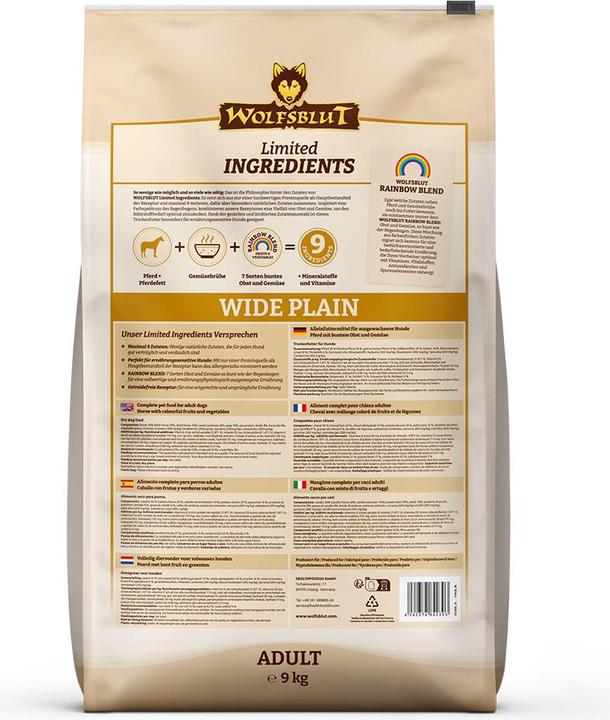 Valori nutrizionali e ingredienti Wolfsblut Ingredienti limitati Adult Wide Plain per cani 9 kg (Adulto, 1 pz., 9000 g)
