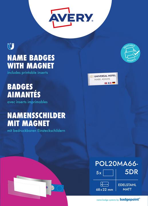 Actual product image Badgepoint POL20MA66-5DR Name badges, 64 x 22 mm, metal-coloured