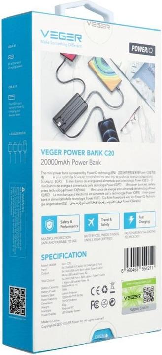 Produktbild Veger C20 Powerbank inkl. Kabel - 20'000mAh (20000 mAh, 10 W, 77 Wh)