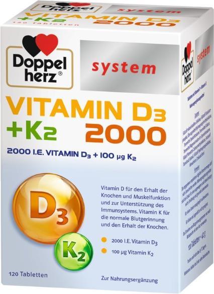 Doppelherz system Vitamin D3 + K2 2000 Tablets, 120 Tablets (120 Piece, Pills)