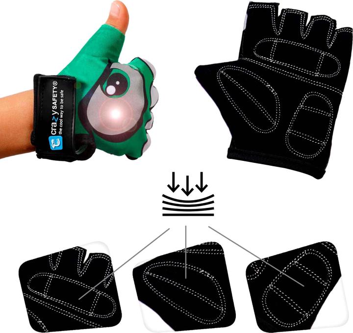 Actual product image Crazy Safety Kids bike gloves with reflective eyes and padded palms - Green - Size S (S)