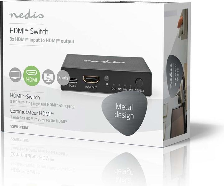 Produktbild Nedis HDMI ™ Schalter | 3-Port port(s) | 3x HDMI™ Eingang | HDMI™ Ausgang | 8K@60Hz | 45 Gbps | fern