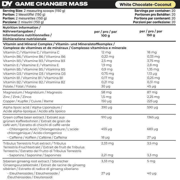 Valeurs nutritives et ingrédients DY Nutrition Game Changer Mass (Noix de coco au chocolat blanc, 3000 g)