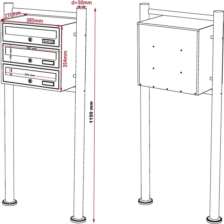 Produktbild Wiltec 3er Briefkastenanlage schwarz 513x270x1150mm Standbriefkasten Briefkasten