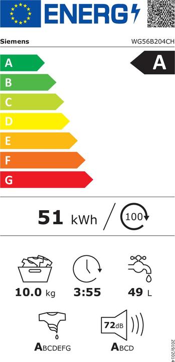Energie-Label Siemens iQ700 WG56B204CH (10 kg, Links, CH-Stecker)