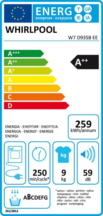 Label énergétique Whirlpool Huishoud Divers W7d93sbee (9 kg)