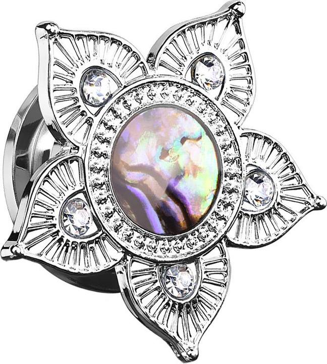 Produktbild Star Piercing Flesh Plug Triabl Blume mit Abalone und Kristall (Messing, Chirurgenstahl 316L)