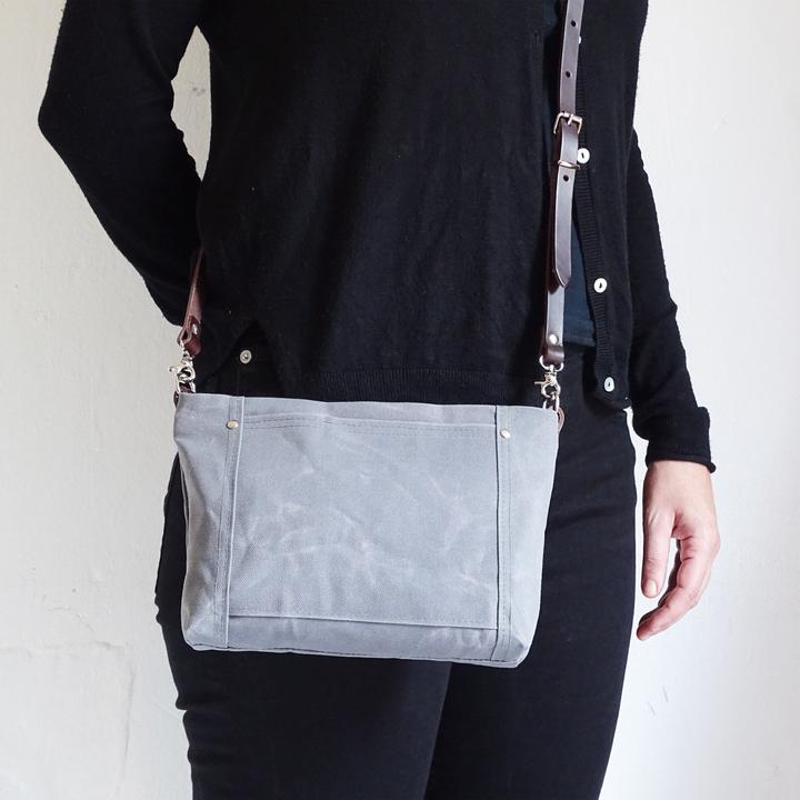 Actual product image Only-Bags.Store Small shoulder bag in waxed canvas, leather strap, wallet with zip fastener