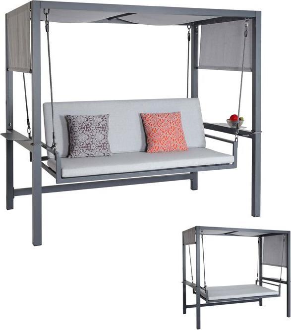 Image du produit Mendler Balancelle hollywoodienne en aluminium HWC-L47, fonction chaise longue, 195x221x131cm coussin gris