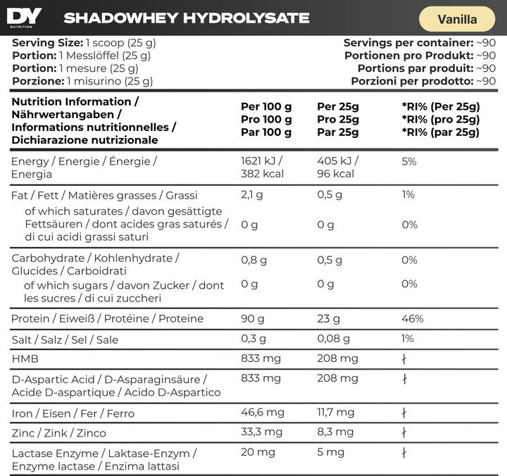 Valeurs nutritives et ingrédients DY Nutrition Hydrolysat de shadowhey (Vanille, 1 pcs, 2270 g)