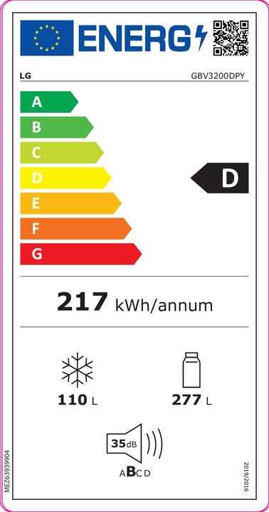 Energy Label LG REFRIGERATOR GBV3200DPY (387 l)