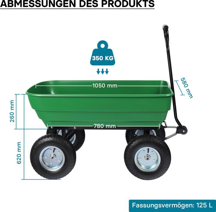 Produktbild Wiltec Gartenwagen Kippfunktion 350kg Handwagen 125l Bollerwagen Transportwagen