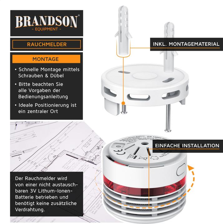 Produktbild Brandson 4x Rauchmelder, 10 Jahre Batterie Li-Ionen, Lautstärke 85dB, LED, Prüftaste, EN14604 & TÜV Geprüft