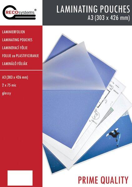 RECOsystems Laminierfolien, 303 mm x 426 mm, DIN A3, Stärke 2 x 75 Micron, glänzend (A3, 100 Stück, 75 µm)