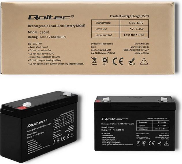 Produktbild Qoltec 53048 AGM battery| 6V| 12Ah - Batterie - 12.000 mAh