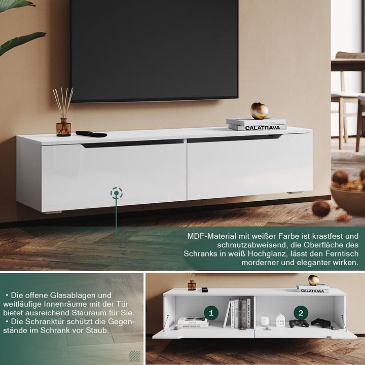 Actual product image SONNI low-profile TV cabinet, white high gloss hanging 160 x 35 x 30 cm, TV cabinet with LED lightin (160 x 35 x 30 cm)