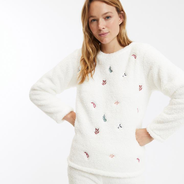 La Redoute Collections Pyjama aus Fleece mit Blätterstickerei