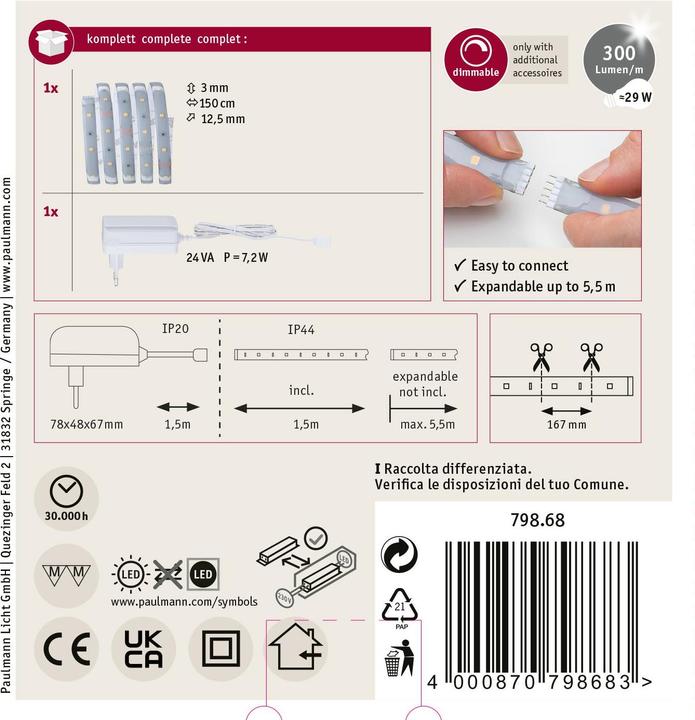 Actual product image Paulmann MaxLED 250 Stripe Set (Warm white, 150 cm, Indoor)