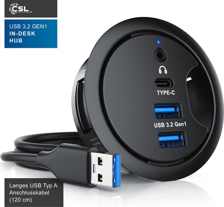 Actual product image CSL Multi hub for desktop cable entry: 2x USB 3.2 Gen1, 1x USB-C, 1x 3.5mm audio, desktop cable socket (USB-A, 4 Ports)
