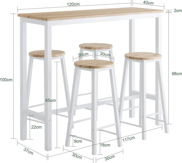 Immagine prodotto SoBuy Tavolo da bar da 5 pezzi con 4 sedie (120 x 40 x 100 cm)