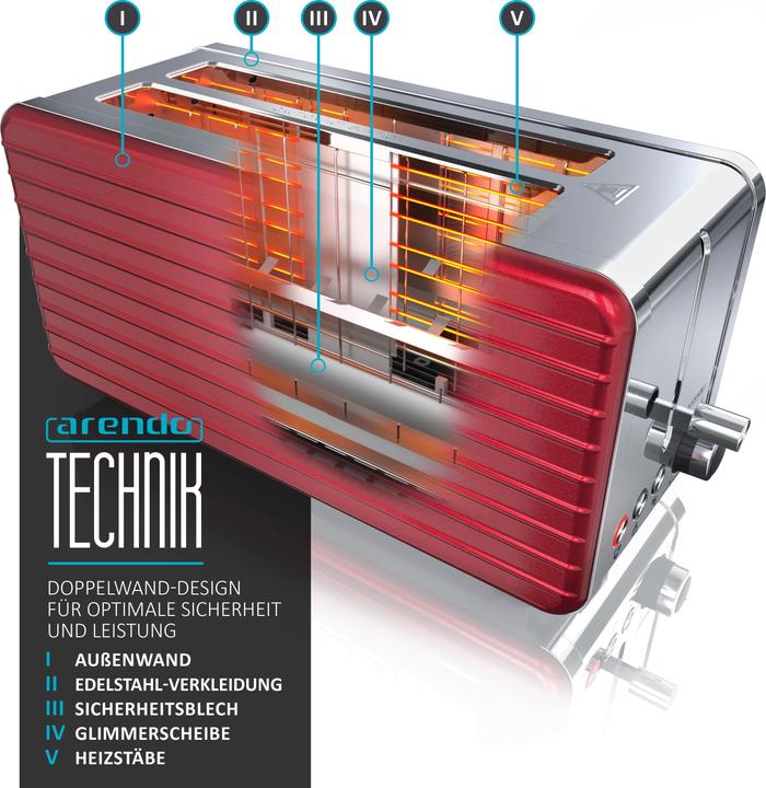 Produktbild Arendo Toaster Langschlitz für 4 Scheiben, 1500 W, Edelstahl, Brötchenaufsatz, DESAYUNO (EU-Stecker)
