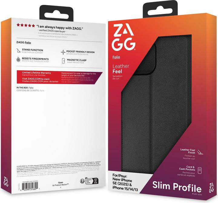 Immagine prodotto Zagg Cover a portafoglio per iPhone 15/14/13 - Nero (Apple iPhone 13, Apple iPhone 15)