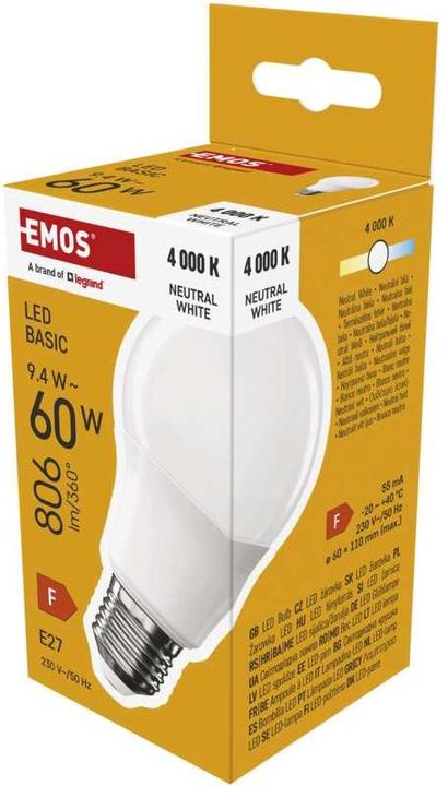 Produktbild Emos LED Lampe Basic A60 / E27 / 9,4 W (60 W) / 806 lm / Neutral Weiss (E27, 9.40 W, 806 lm, 1 x, F)
