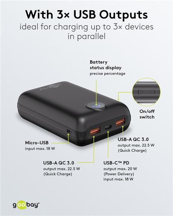 Immagine prodotto Goobay Powerbank compatto da 20.000 mAh (20 mAh, 22.50 W, 77 Wh)